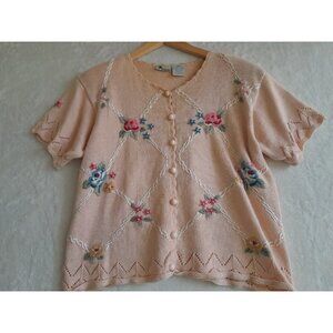 Vintage 80s Womens Boho Embroidered Coquette Feminine Size Large Cardigan Pink